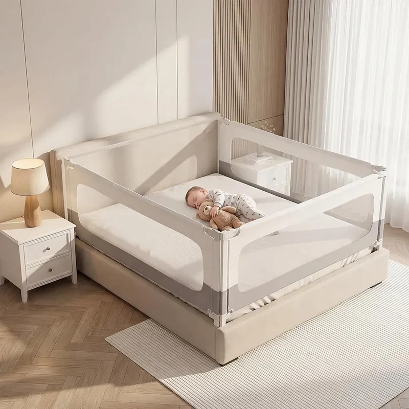 3 Piece Bed Rails for Toddlers, King Size Bed Rails for Babies - White/Grey, 74.8x78.7x78.7in Open Box