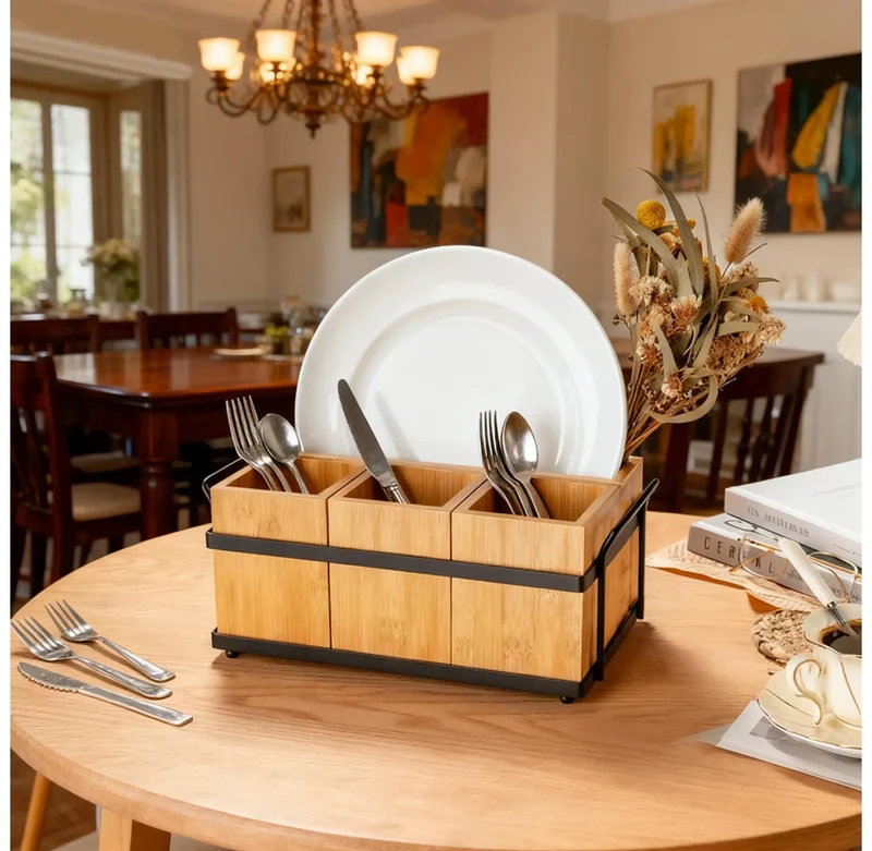 Bamboo Flatware Caddy With 4 Compartments And Metal Tray Open Box