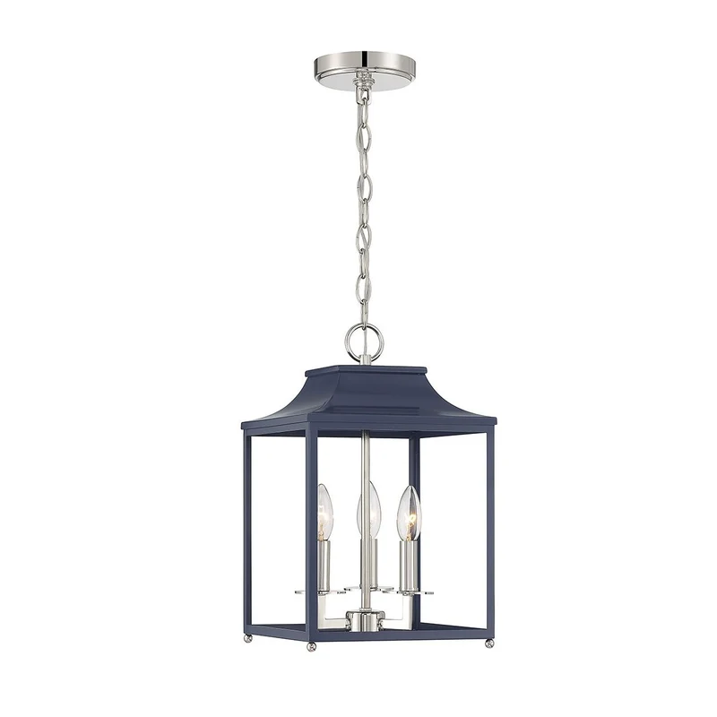 Meridian Three Light Pendant Navy Blue with Polished Nickel