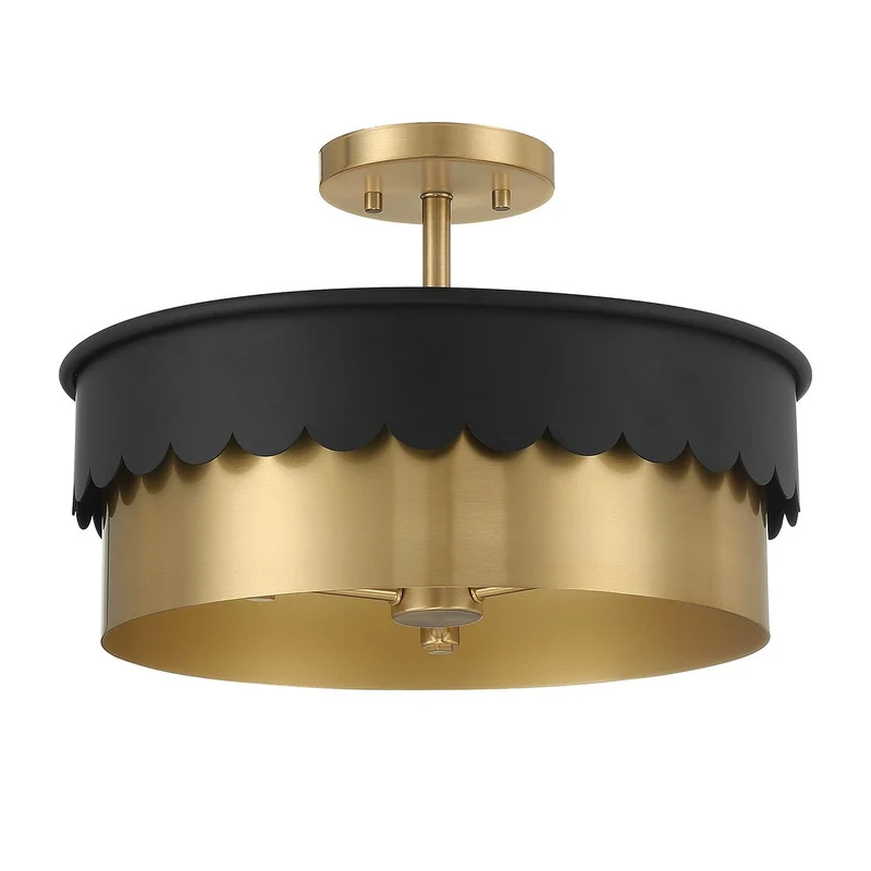 Meridian Three Light Semi-Flush Mount Matte Black and Natural Brass