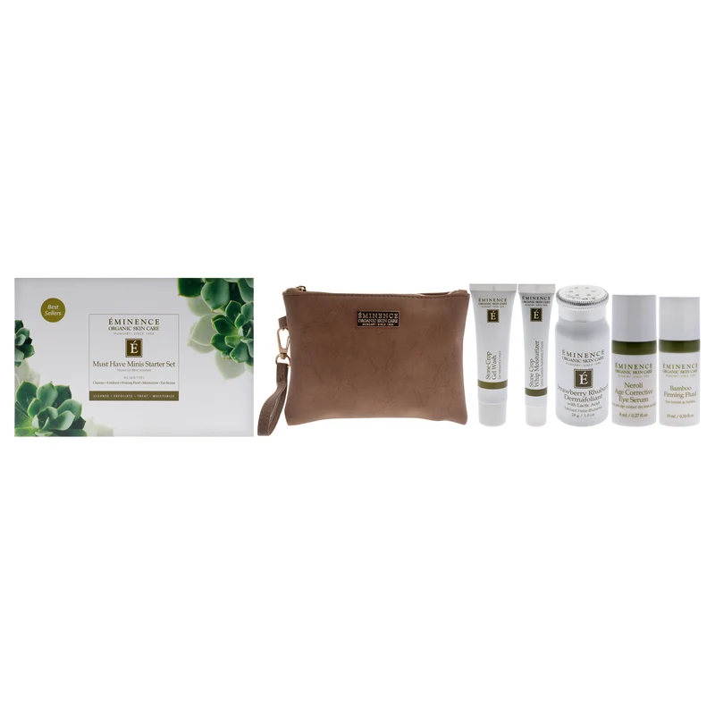 Eminence Must Have Minis Starter Set by Eminence for Unisex - 6 Pc 1oz Stone Crop Gel Wash, 1oz Strawberry Rhubarb Dermafoliant, 0.5oz Stone Crop Whip Moisturizer, 0.33oz Bamboo Firming Fluid, 0.27oz Neroli Age Corrective Eye Serum, Pouch 6 Pc