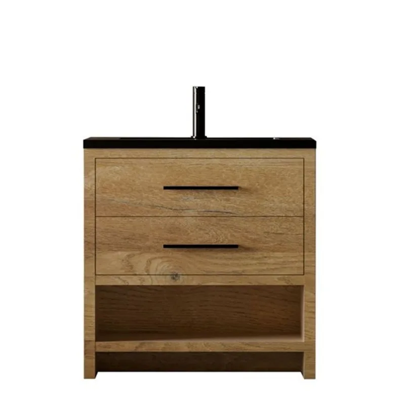 GEF Brinley 36-in Rough Oak Freestanding 2-Drawer Vanity w/ Black Engineered Quartz Single Sink Top and Black Handles