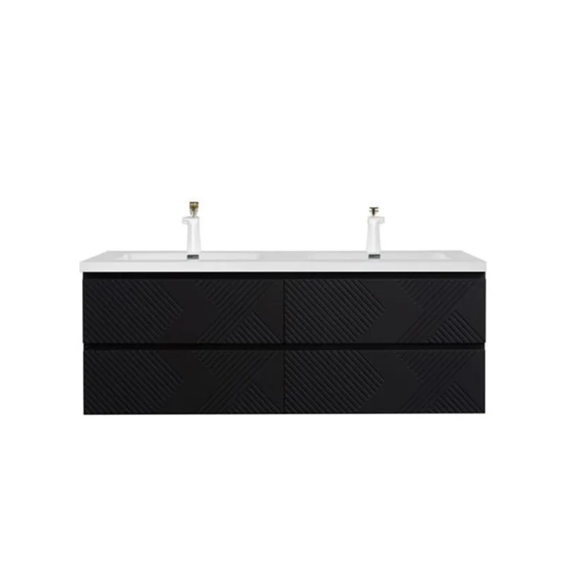 GEF Rylee 60-in Matte Black Double Sink Wall-mount Vanity with Glossy White Polymarble Top
