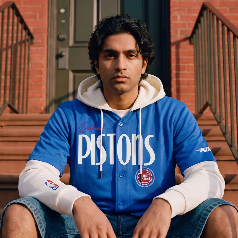 SUDADERA CON GORRO NBA DETROIT PISTONS ORIGINAL PLAYERS L / AZUL REY / CREMA