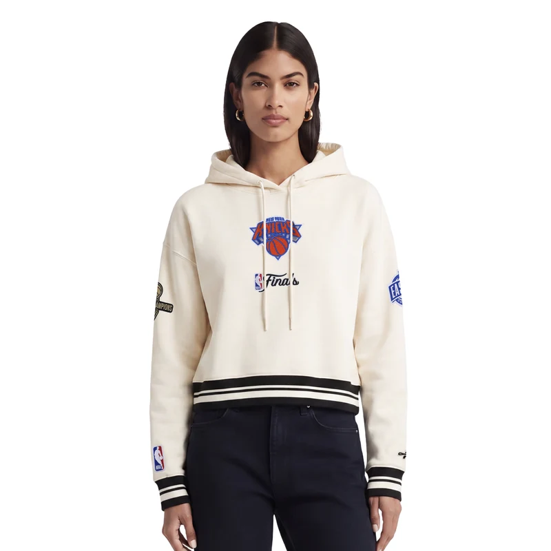 SUDADERA CON GORRO NEW YORK KNICKS 2026 NBA CHAMPIONSHIP PARA MUJER L / CREMA / NEGRO