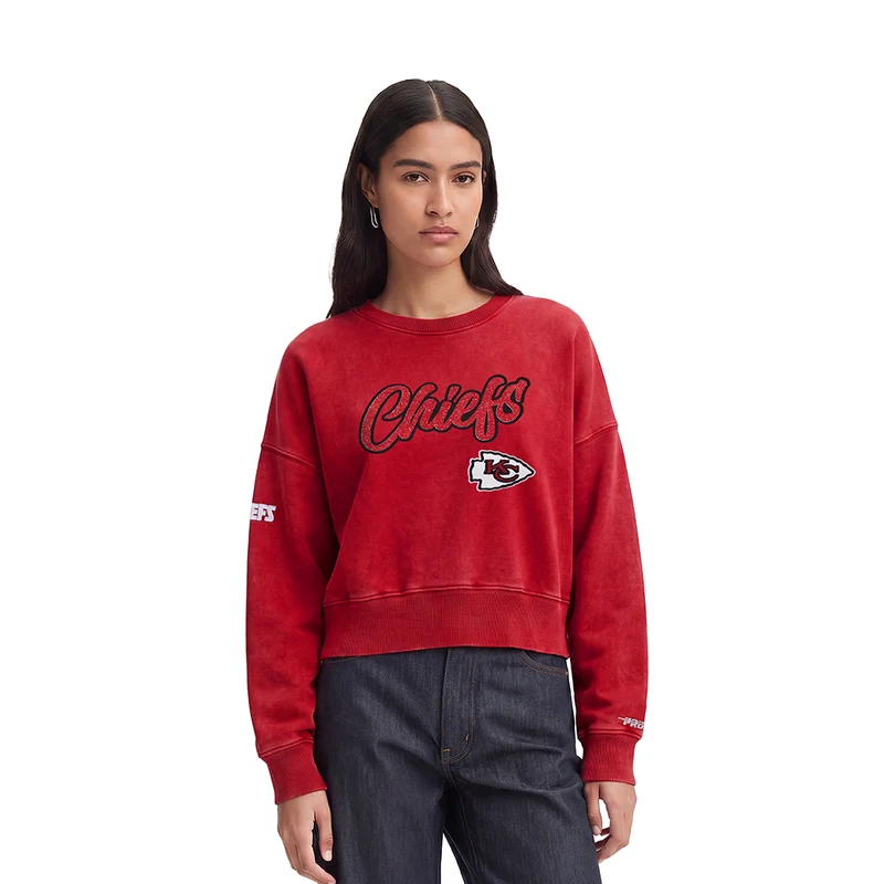 SUDADERA DE CUELLO REDONDO NFL KANSAS CITY CHIEFS TEAM CRYSTALLINE PARA MUJER M / ROJO DESLAVADO