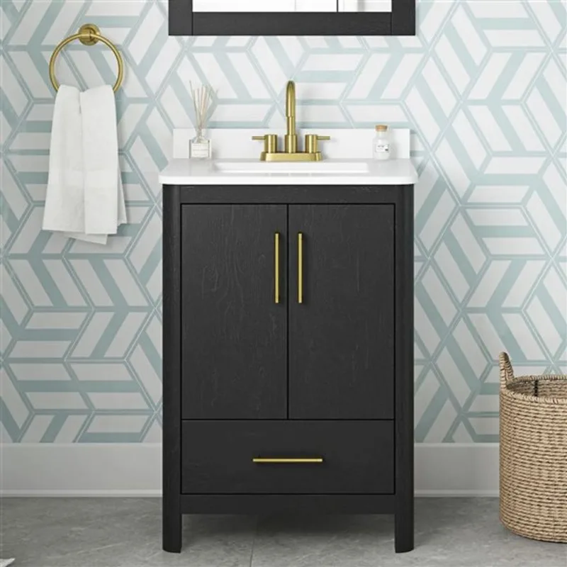 REN Selections Dario 24-in Matte Black Bathroom Vanity W/white Engineered Marble Top and Backsplash