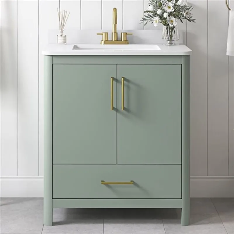 REN Selections Dario 30-in Sage Green Bathroom Vanity w/ White Engineered Marble Top and Backsplash