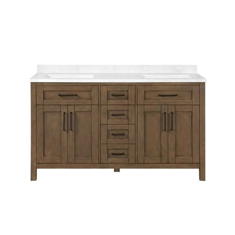 OVE Decors Tahoe 60-in W x 21-in D x 34-in H Double Sink Bath Vanity in Almond Latte w/ White Engineered Marble Top