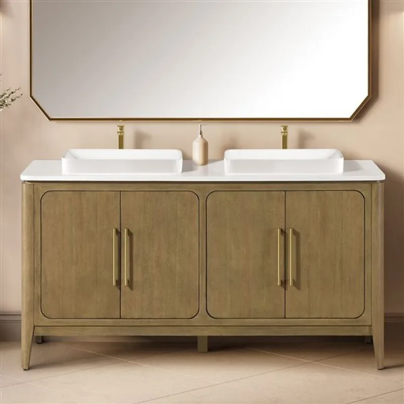 OVE Decors Heidi 60-in Double Sink Light Brown Oak Bathroom Vanity with White Quartz Top