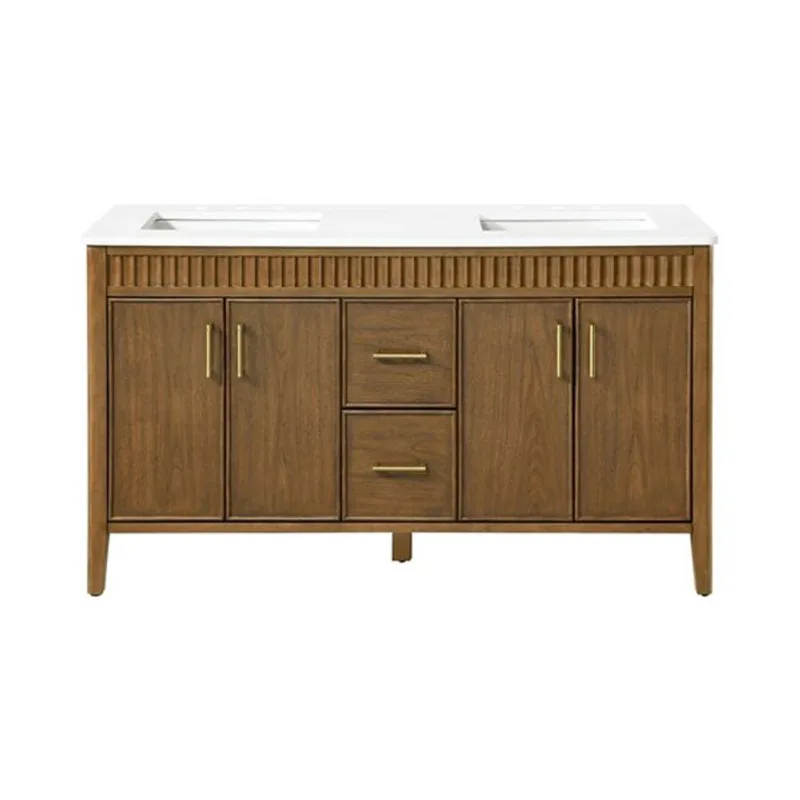 OVE Decors Juliette Double Sink Freestanding Bathroom Vanity w/ White Quartz Top 60-in - Warm Walnut