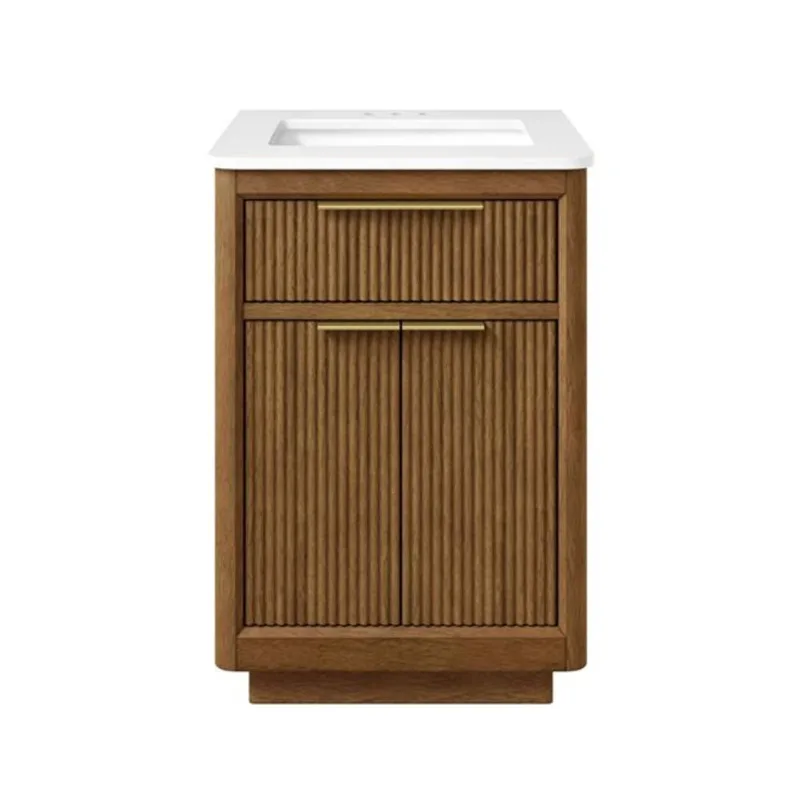 OVE Decors Xander Double Sink Freestanding Bathroom Vanity w/ White Engineered Stone Top 24-in - Warm Walnut