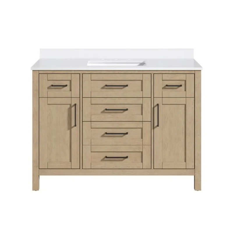 OVE Decors Tahoe Freestanding Bathroom Vanity and Engineered Stone Top and Backsplash 48-in - Sahara Birch