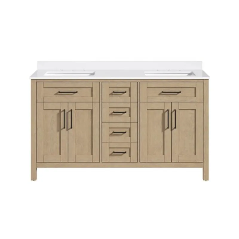 OVE Decors Tahoe Freestanding Bathroom 2-Sink Vanity and Engineered Stone Top and Backsplash 60-in - Sahara Birch