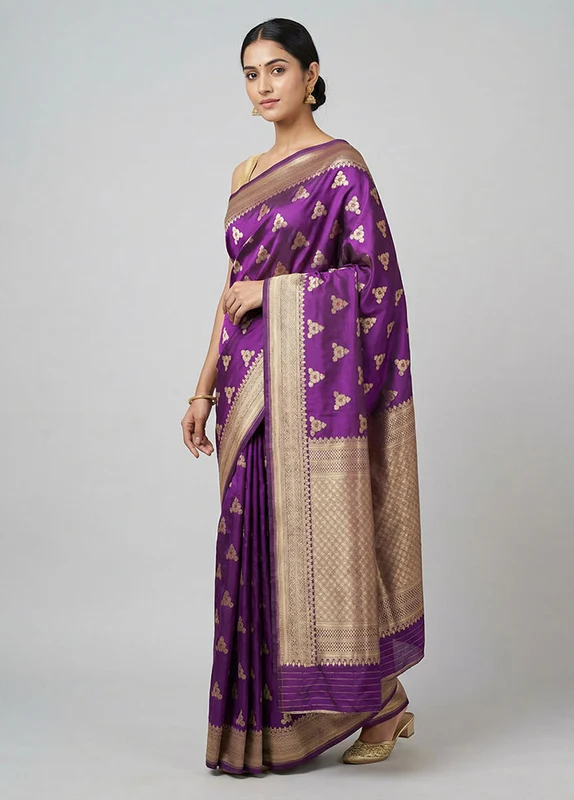 Purple Handloom Katan Pure Silk Saree With Blouse Piece One Size