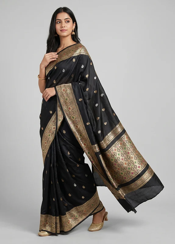 Black Handloom Katan Pure Silk Saree With Blouse Piece One Size