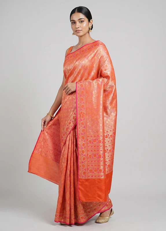 Pink Handloom Katan Pure Silk Saree With Blouse Piece One Size