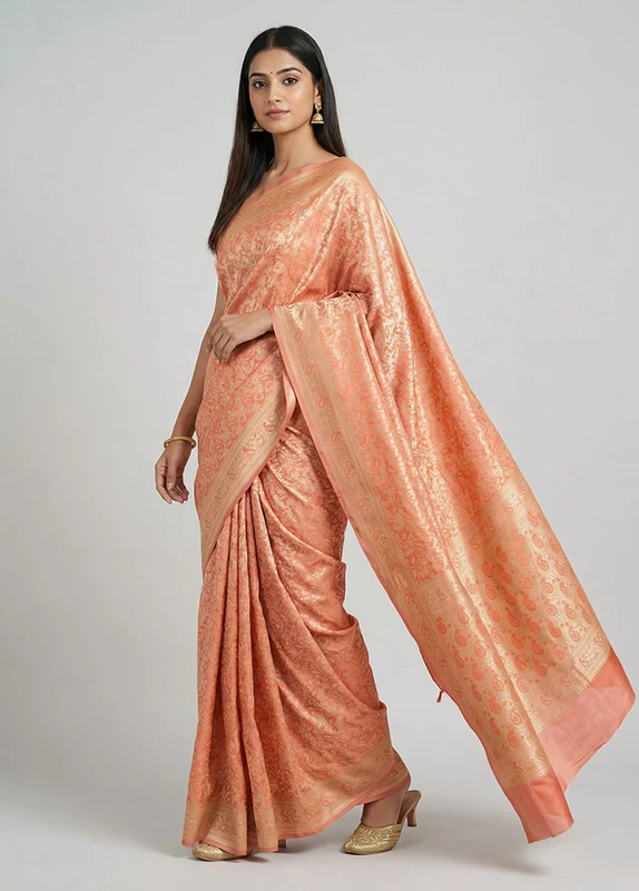 Pink Jamewar Silk Saree With Blouse Piece One Size
