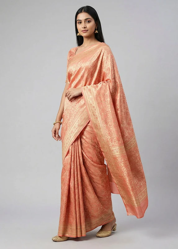 Pink Jamewar Silk Saree With Blouse Piece One Size