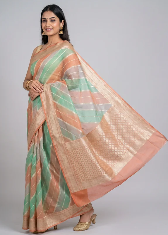 Multicolor Handloom Pure Organza Saree With Blouse Piece One Size