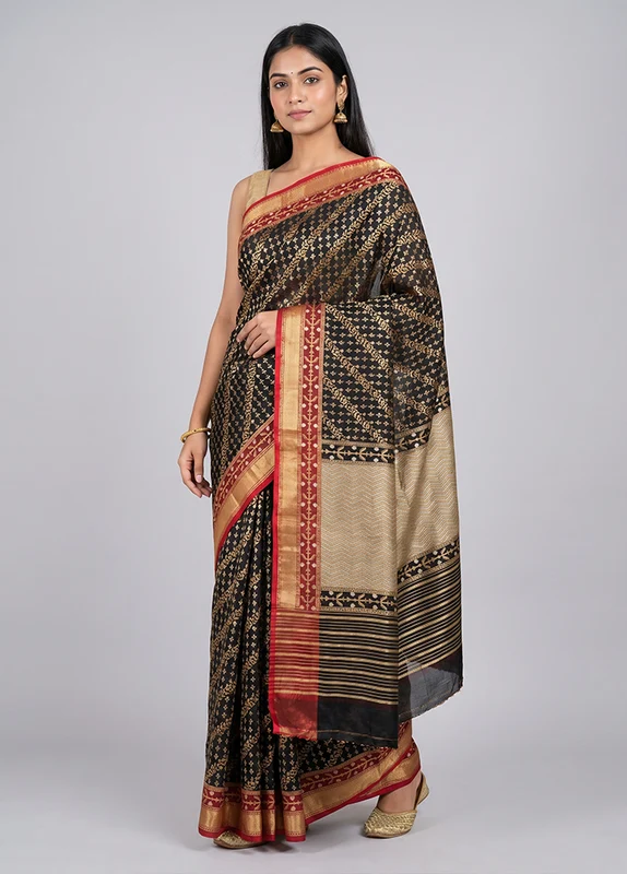 Black Handloom Katan Pure Silk Saree With Blouse Piece One Size