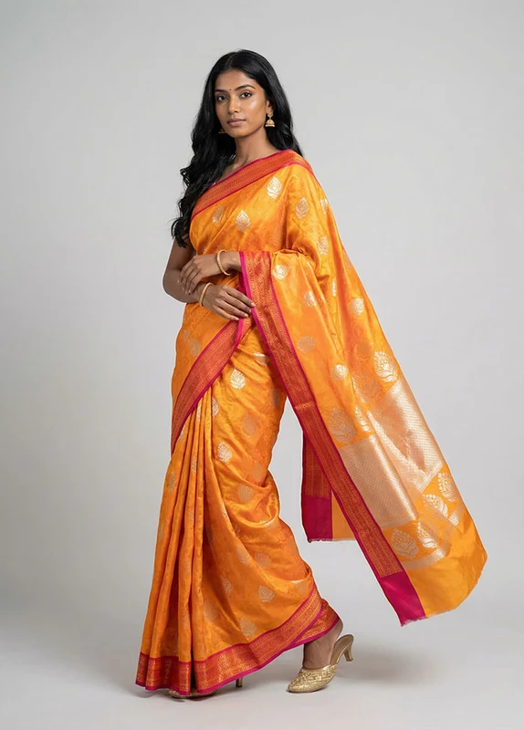Yellow Handloom Tanchoi Pure Silk Saree With Blouse Piece One Size