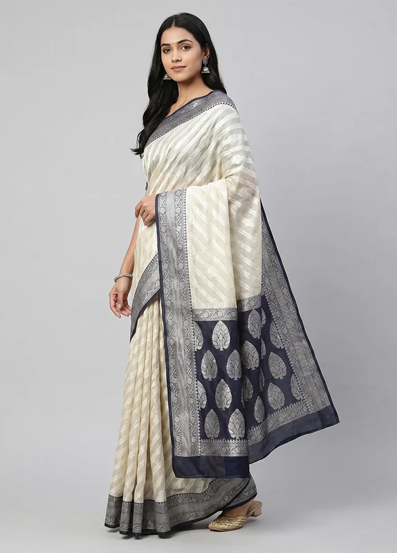 Cream Organza Saree With Blouse Piece One Size