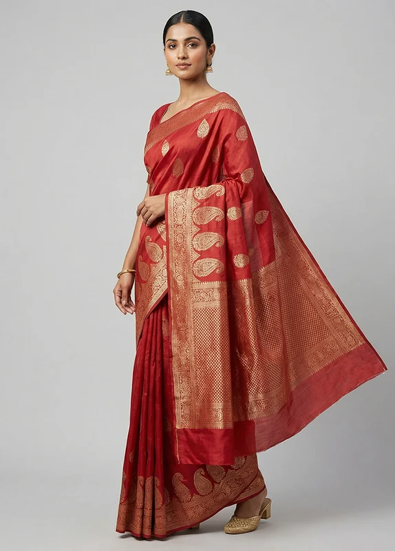 Maroon Dupion Silk Saree With Blouse Piece One Size
