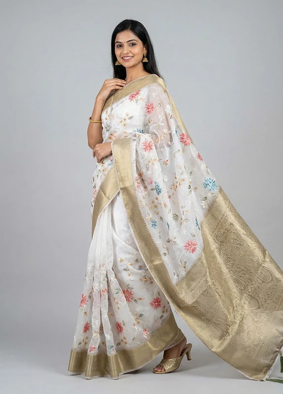 Cream Dupion Silk Saree With Blouse Piece One Size