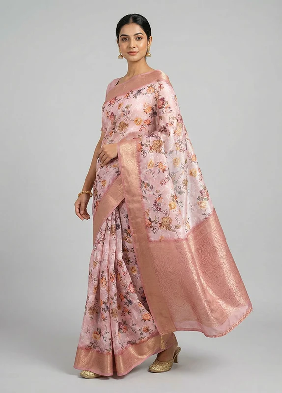 Pink Dupion Silk Saree With Blouse Piece One Size