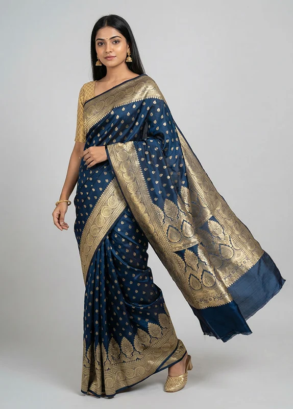 Blue Handloom Banarasi Pure Silk Saree With Blouse Piece One Size