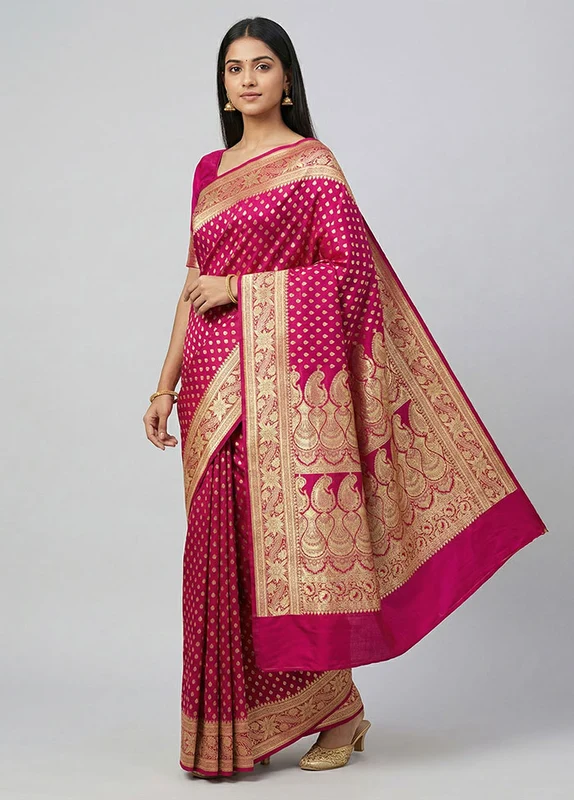 Pink Handloom Banarasi Pure Silk Saree With Blouse Piece One Size