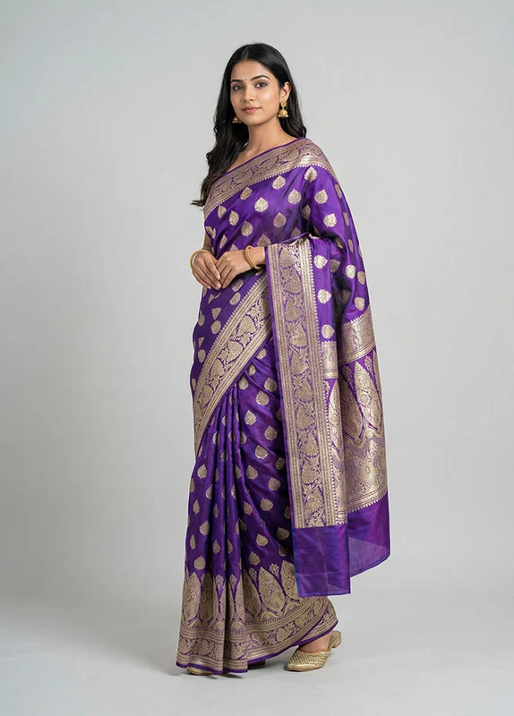 Purple Handloom Banarasi Pure Silk Saree With Blouse Piece One Size
