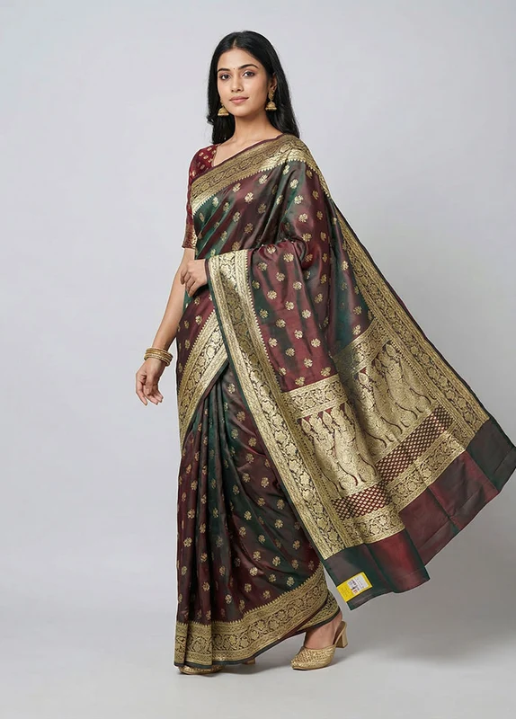 Green Handloom Banarasi Pure Silk Saree With Blouse Piece One Size