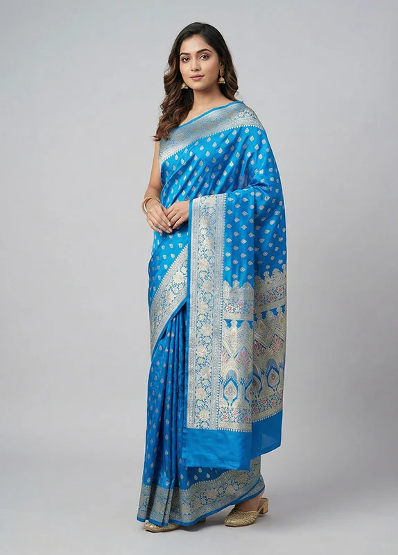 Blue Handloom Banarasi Pure Silk Saree With Blouse Piece One Size