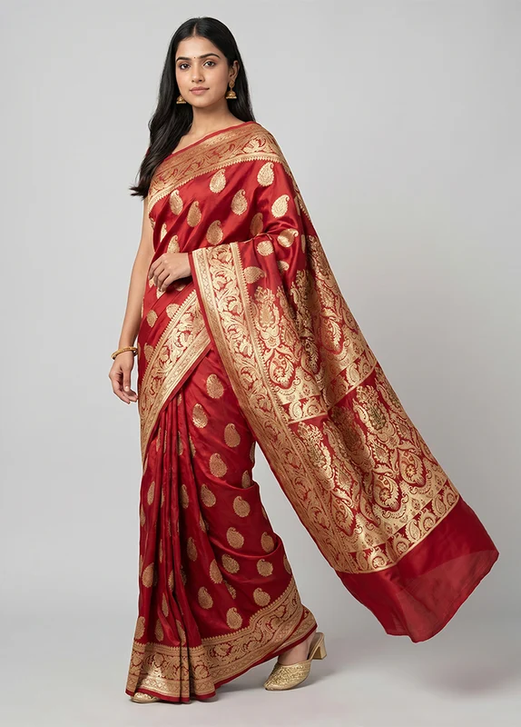 Maroon Handloom Banarasi Pure Silk Saree With Blouse Piece One Size