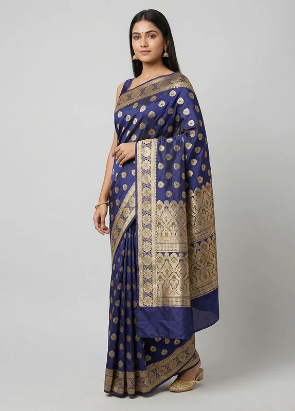 Blue Handloom Banarasi Pure Silk Saree With Blouse Piece One Size