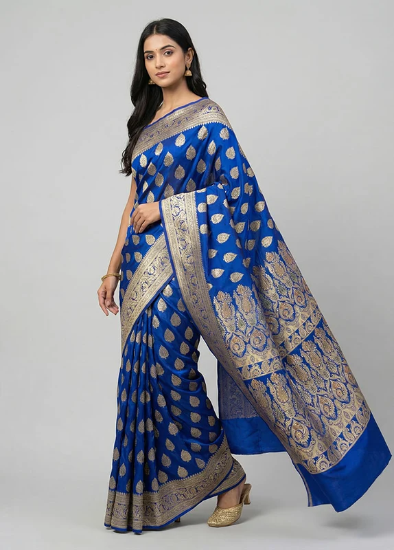 Blue Handloom Banarasi Pure Silk Saree With Blouse Piece One Size