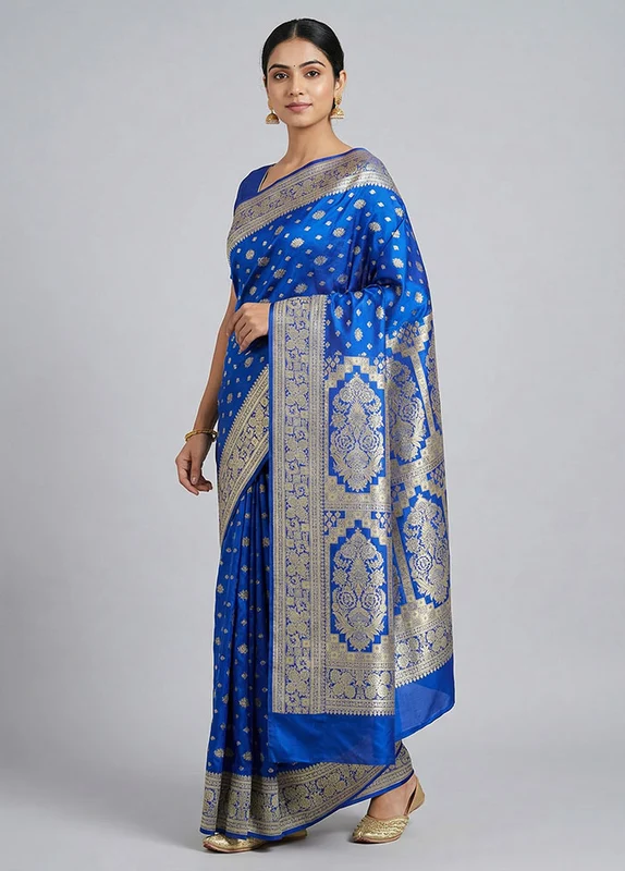 Blue Handloom Banarasi Pure Silk Saree With Blouse Piece One Size