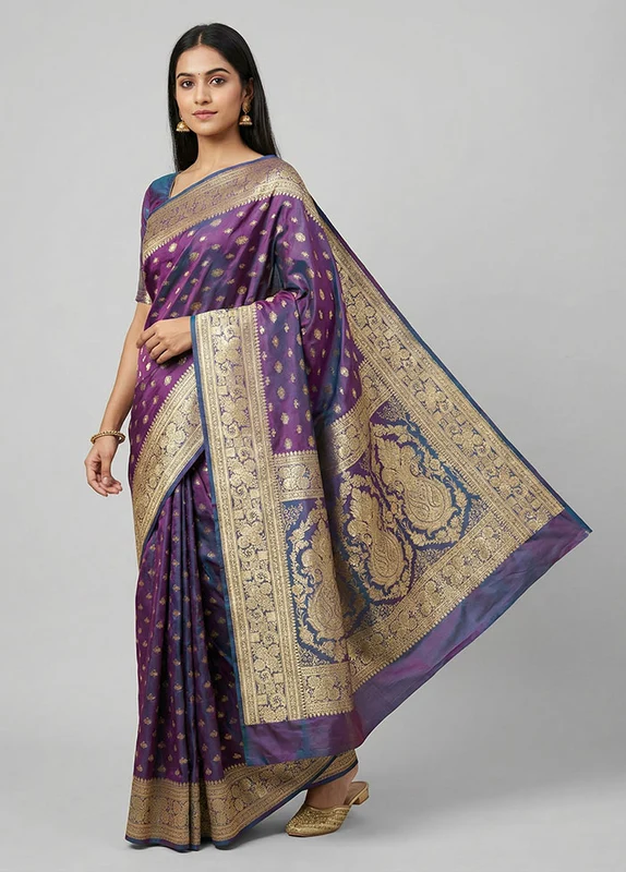 Blue Handloom Banarasi Pure Silk Saree With Blouse Piece One Size