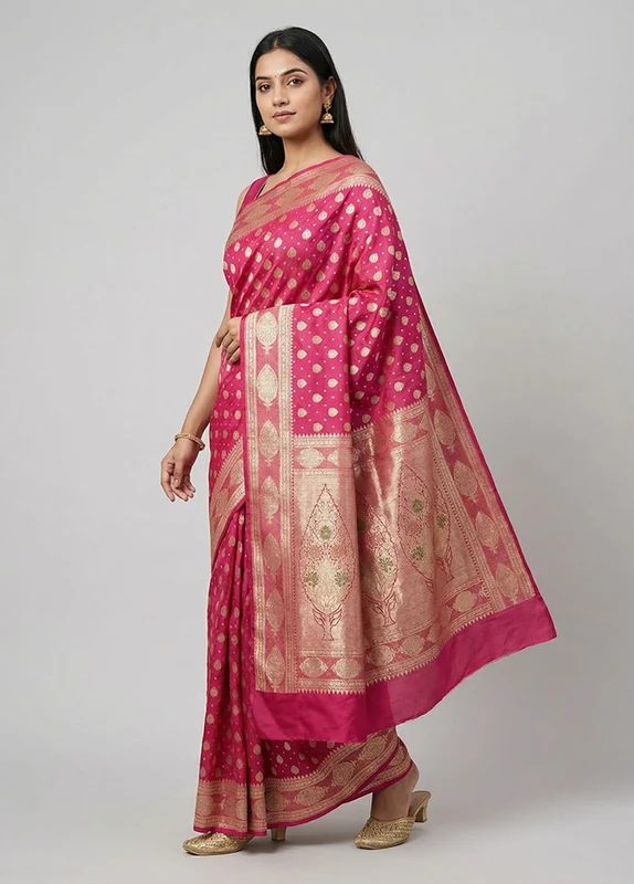 Pink Handloom Banarasi Pure Silk Saree With Blouse Piece One Size