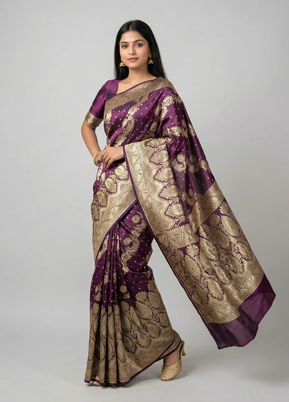 Purple Handloom Banarasi Pure Silk Saree With Blouse Piece One Size