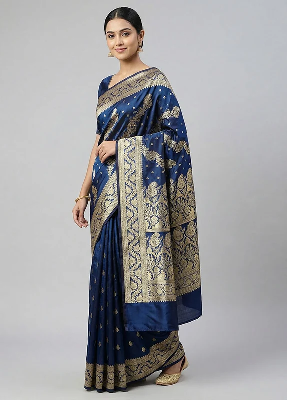 Blue Handloom Banarasi Pure Silk Saree With Blouse Piece One Size