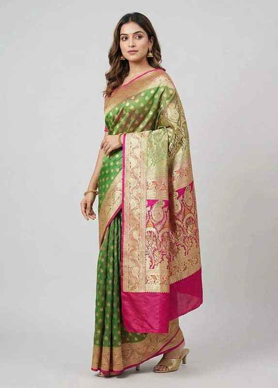 Green Handloom Banarasi Pure Silk Saree With Blouse Piece One Size