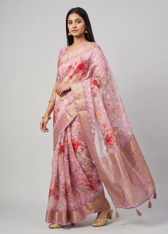Pink Dupion Silk Saree With Blouse Piece One Size