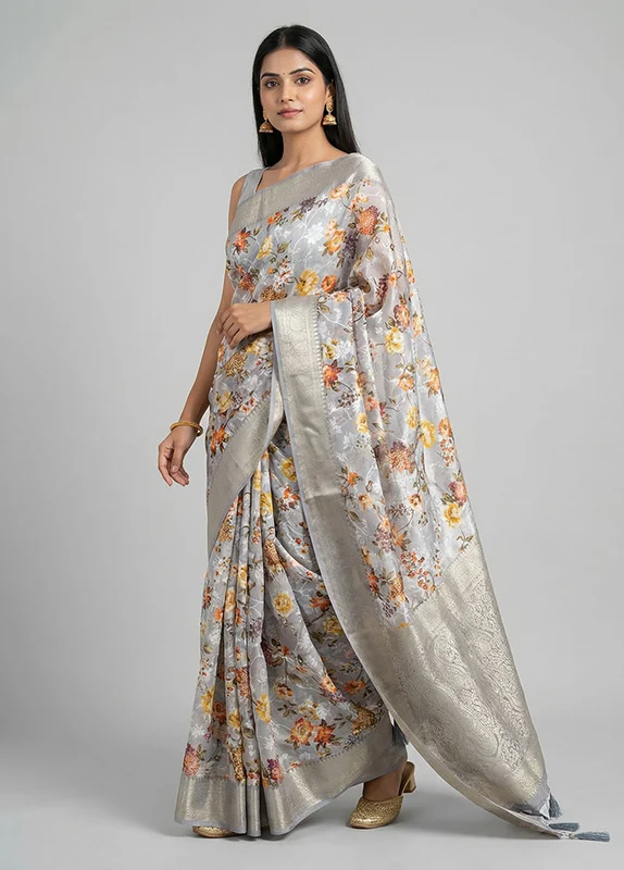 Grey Dupion Silk Saree With Blouse Piece One Size