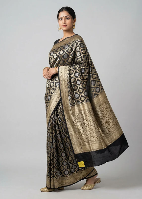 Black Handloom Katan Pure Silk Saree With Blouse Piece One Size