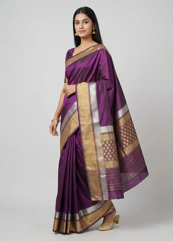 Purple Handloom Katan Pure Silk Saree With Blouse Piece One Size