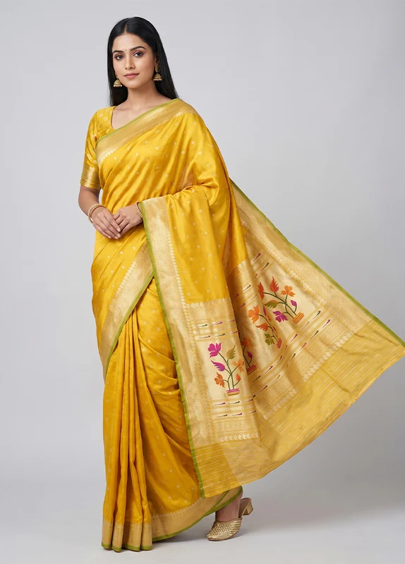 Yellow Handloom Katan Pure Silk Saree With Blouse Piece One Size