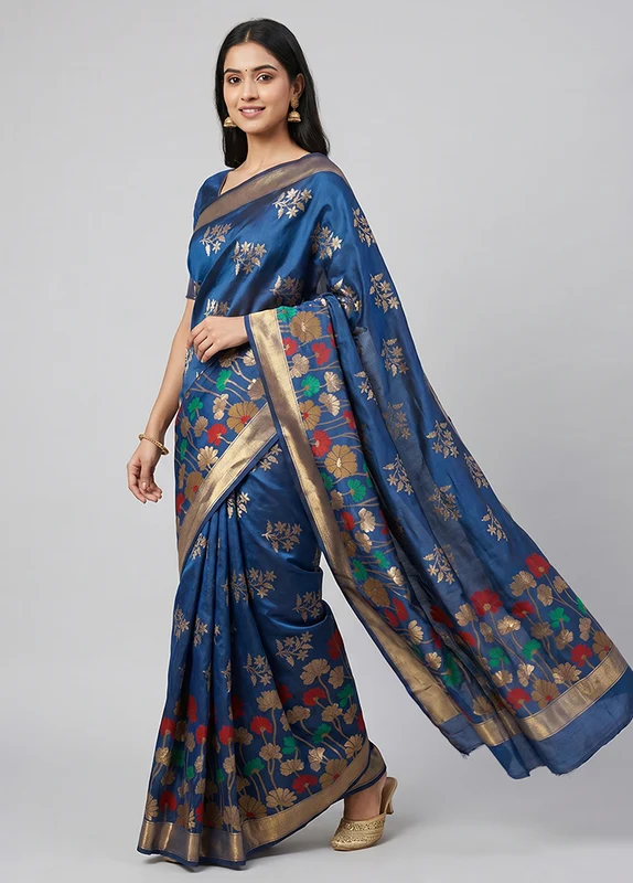 Blue Handloom Katan Pure Silk Saree With Blouse Piece One Size